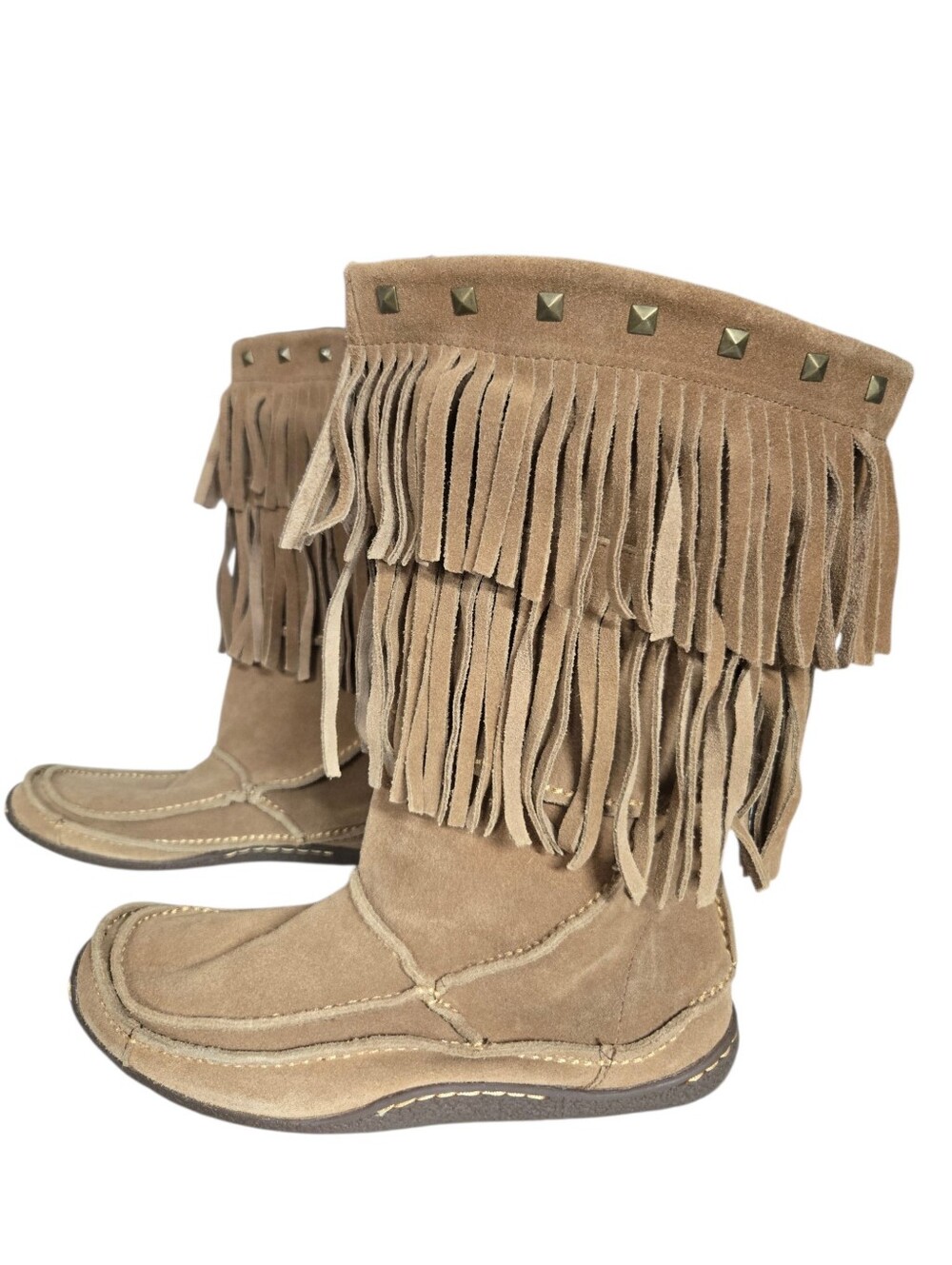 Durango Vintage Tan Suede Studded Mid-Calf 13" Fringe Moccasin Flat Boots Boho